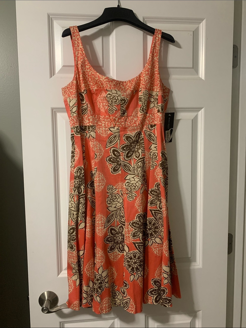 Nine West Coral Floral Midi Dress with Cream and Black Accents